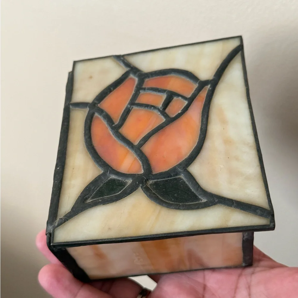 VTG Stained Glass Trinket Box Lovely Tiffany Style Orange Rose Flower 4.5x4” T